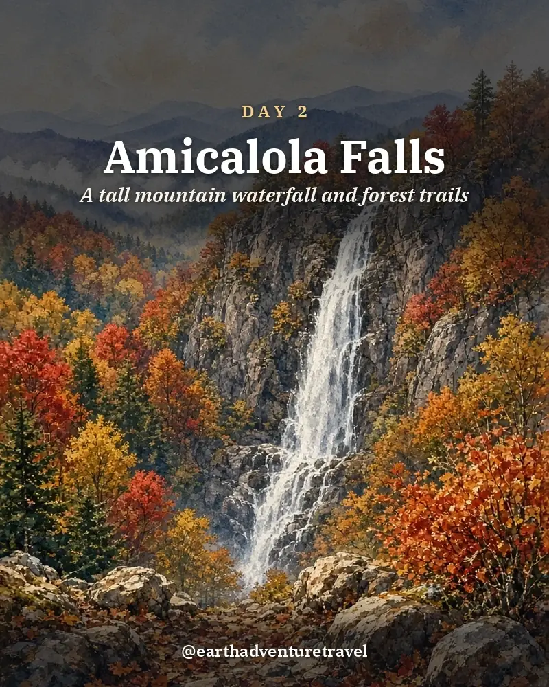 Illustrated day card: A tall mountain waterfall and forest trails