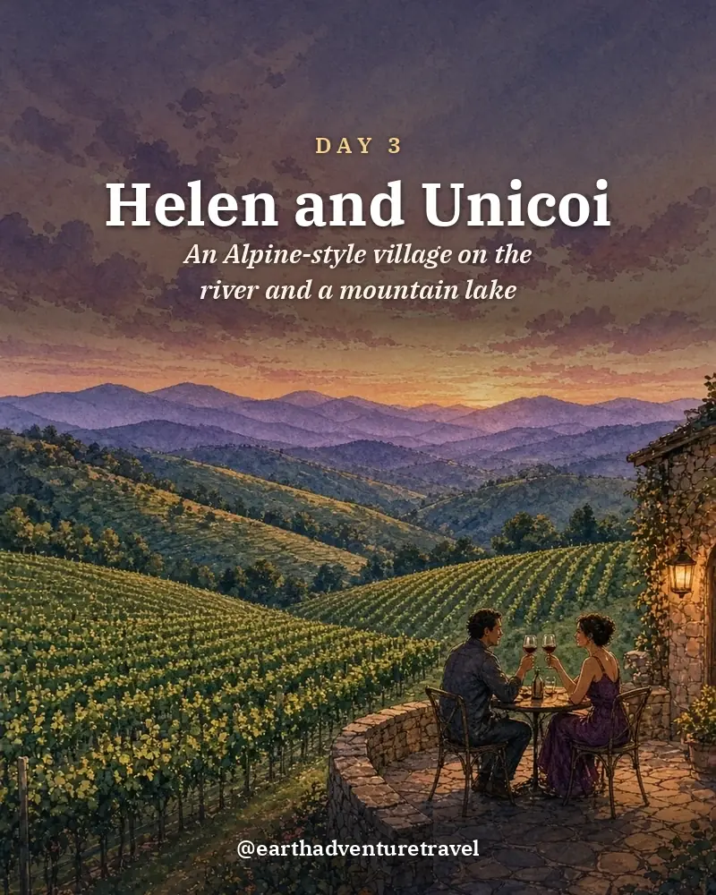 Illustrated day card: An Alpine-style village on the river and a mountain lake