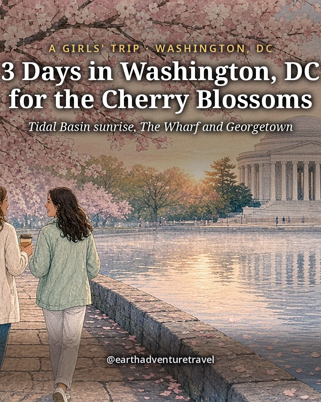 Illustration: the cover for 3 Days in Washington, DC for the Cherry Blossoms, three women friends walking the Tidal Basin seawall at sunrise under arching pale pink cherry branches, the white domed Jefferson Memorial across the calm water