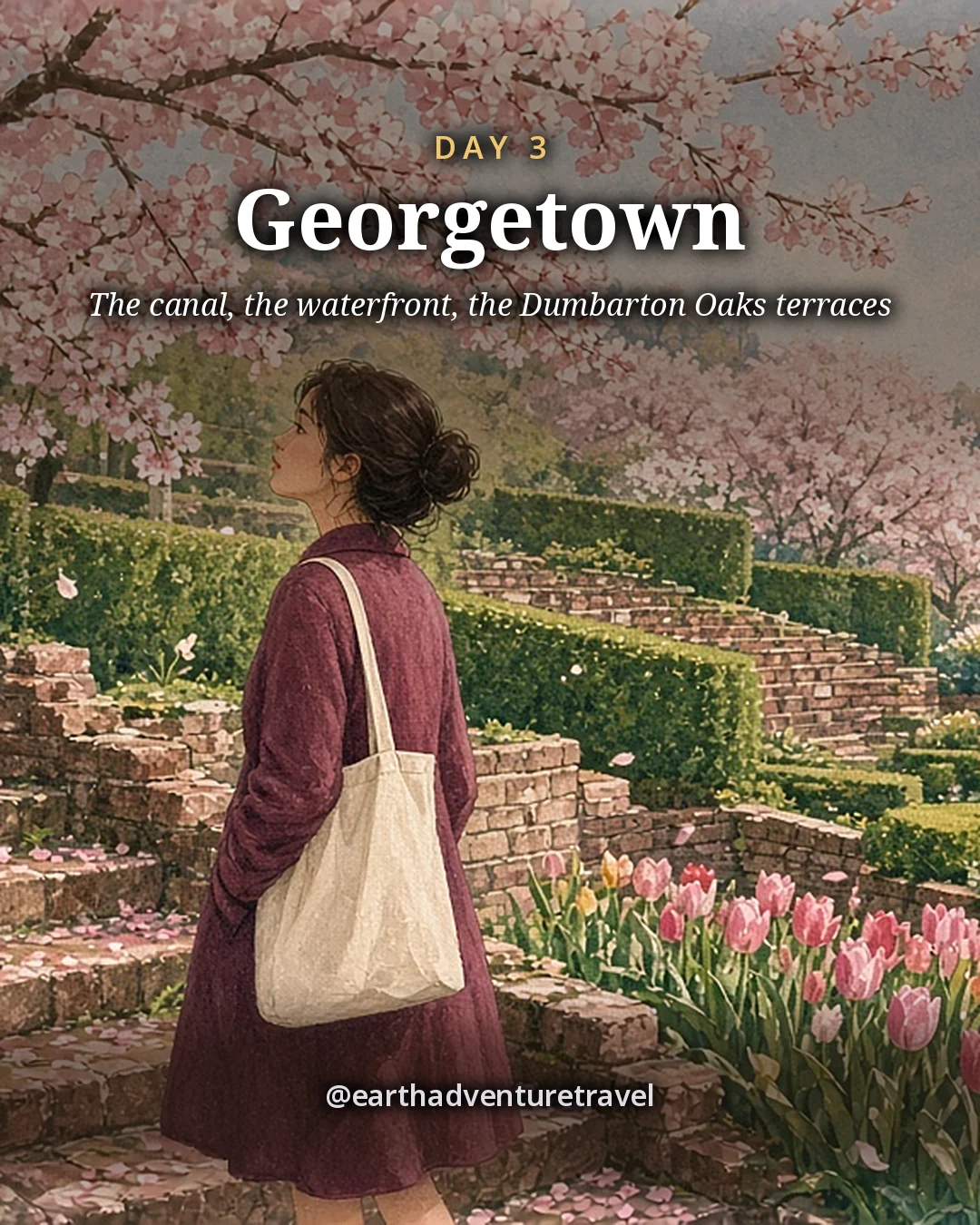 Illustration: friends on old brick garden steps looking at a branch of flowering cherry, with terraced gardens, brick walls, clipped boxwood, a wooden arbor and spring tulips below in gentle light, illustrated day card for Day 3