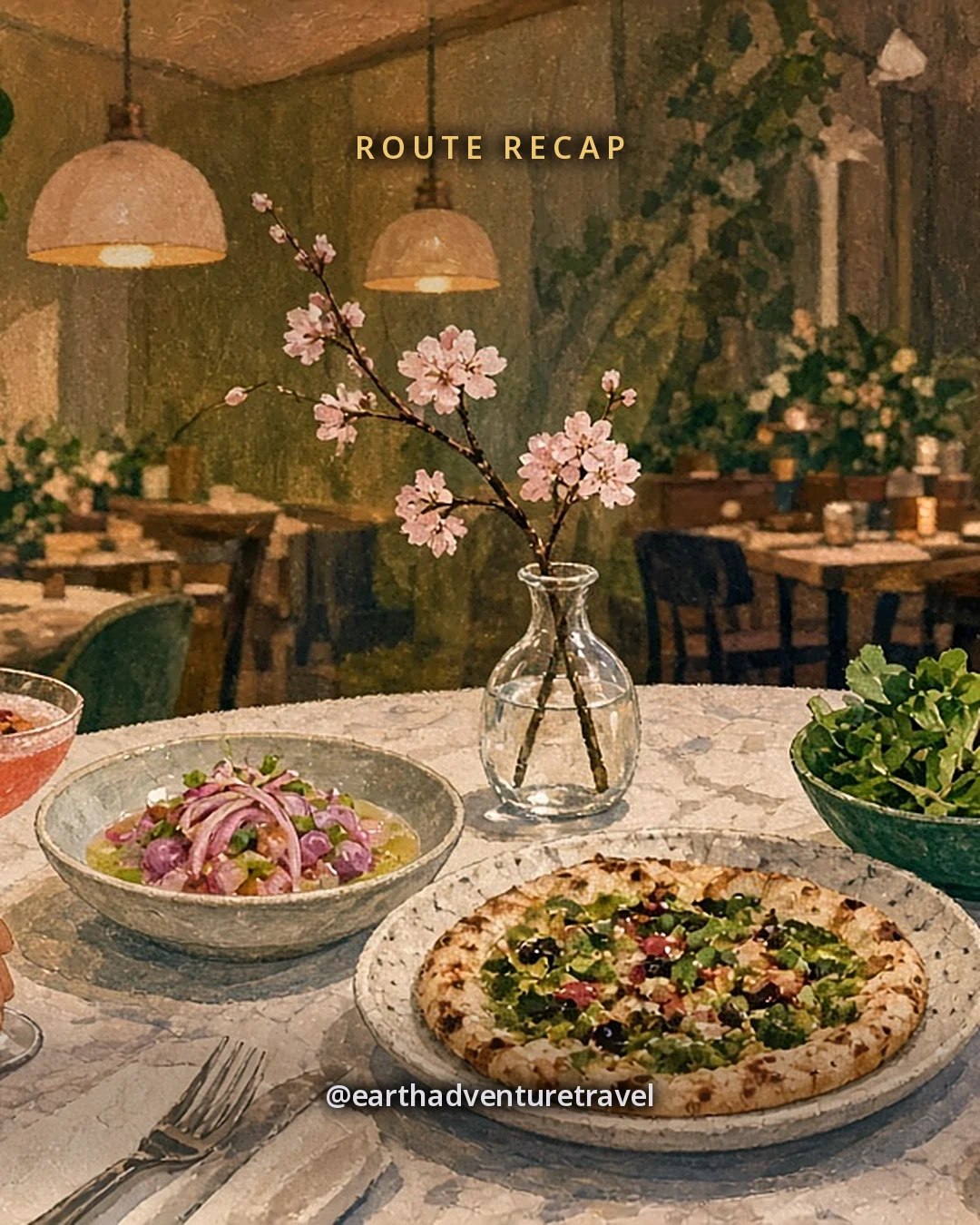 Illustration: a dinner table crowded with colorful plates, ceviche, flatbread and coupe cocktails, a bud vase with one cherry blossom sprig and friends’ hands raising a glass, in a warmly lit dining room, original illustrated recap card