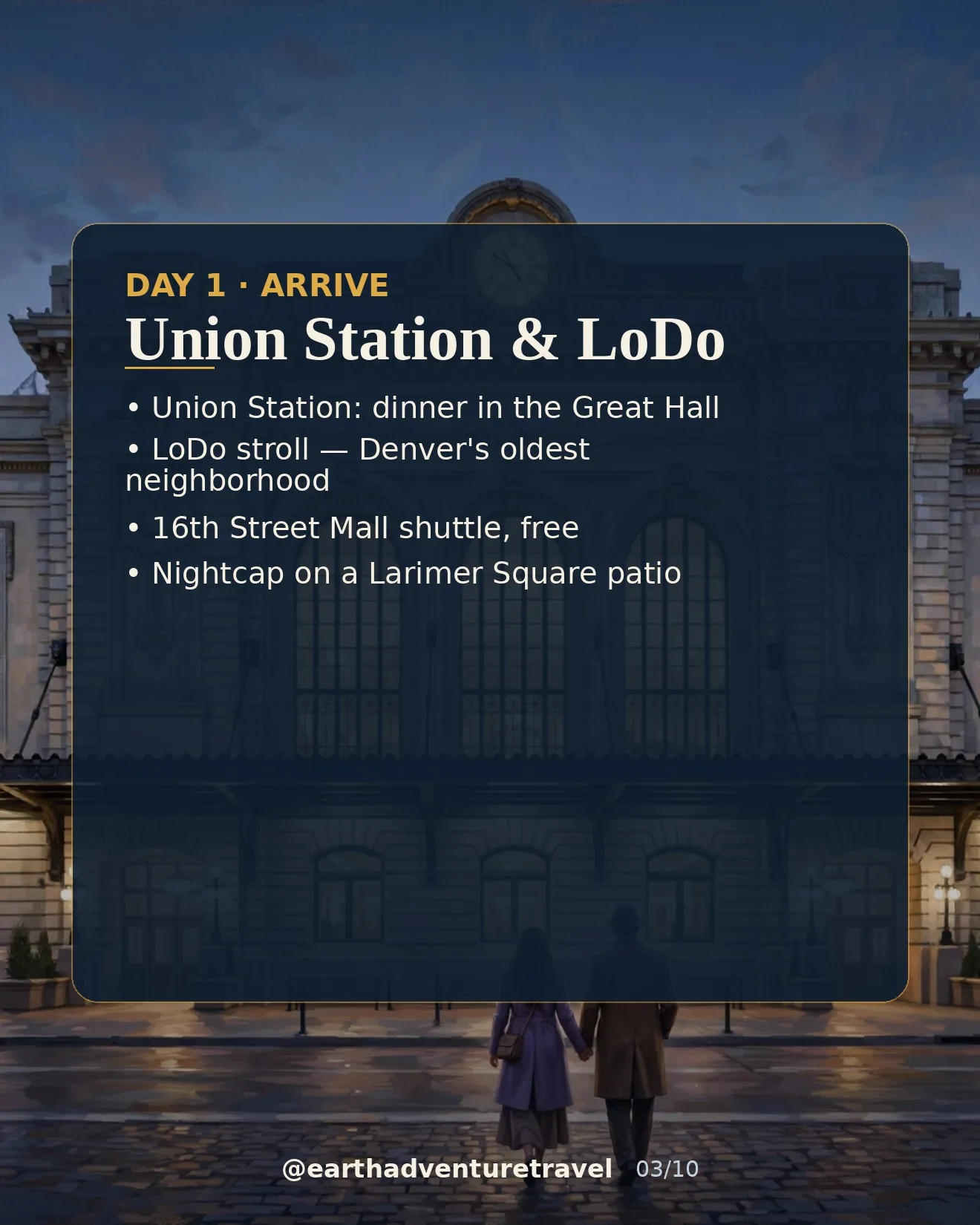 Day 1 graphic: Denver Union Station at twilight