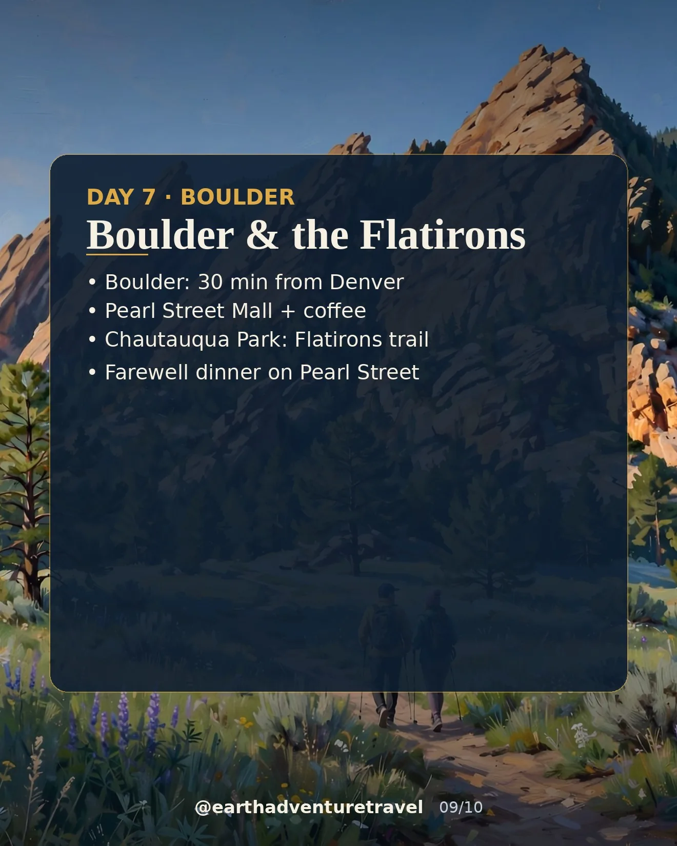 Day 7 graphic: the Flatirons above Boulder