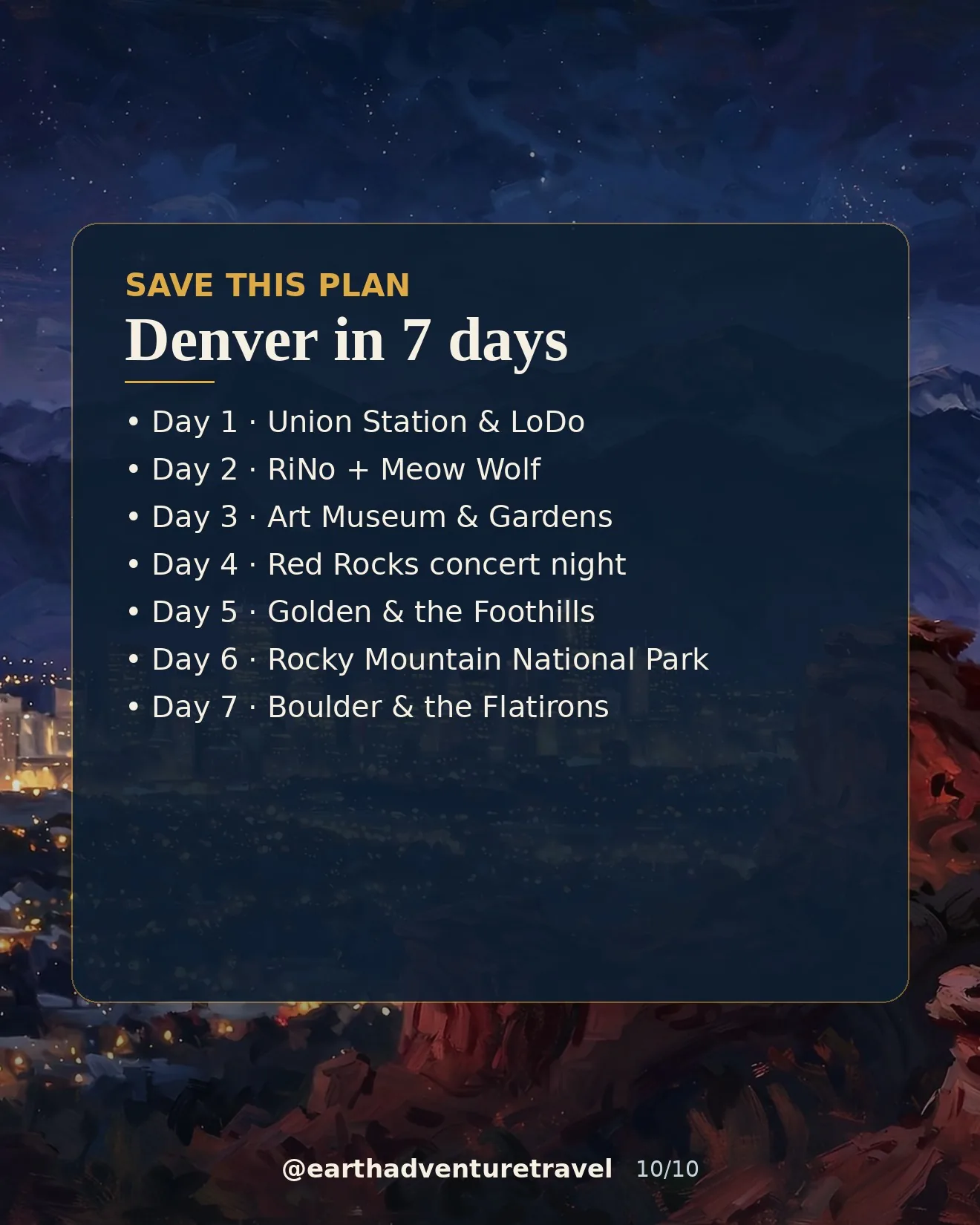 Saveable recap graphic for the seven-day Denver couples route