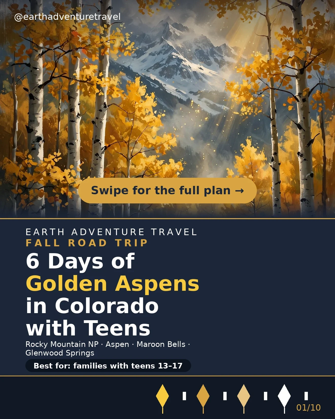 Illustrated Colorado mountain road framed by golden aspen trees