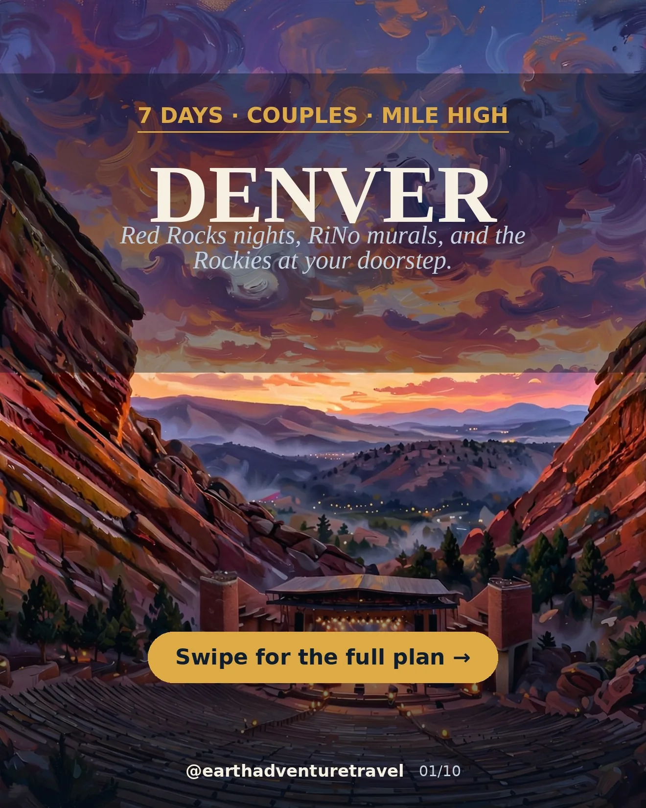 Illustrated Denver couples guide cover: Red Rocks Amphitheatre at dusk