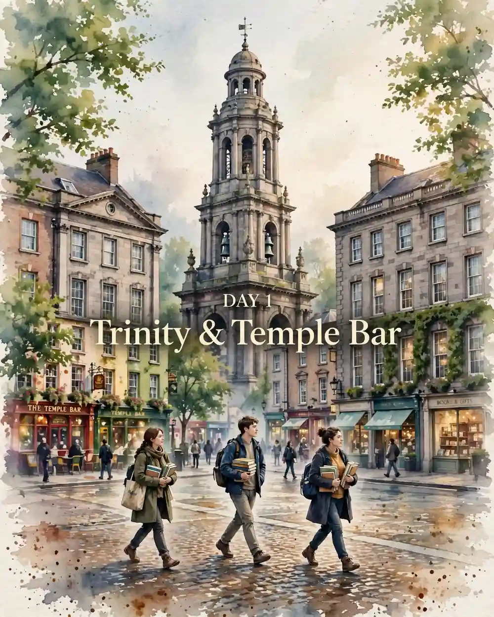 Day 1 itinerary artwork: Trinity & Temple Bar, with the Trinity College Campanile and a cobbled street