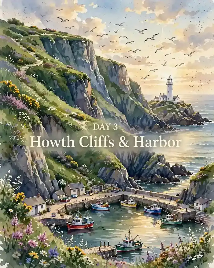 Day 3 itinerary artwork: Howth cliffs & harbour, with the Baily Lighthouse and fishing boats