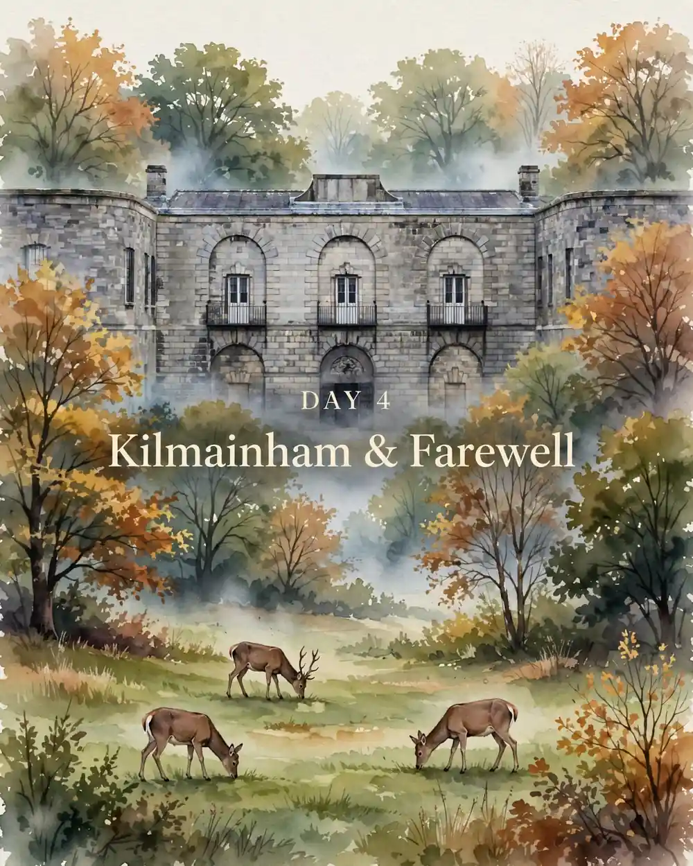 Day 4 itinerary artwork: Kilmainham & farewell, with Kilmainham Gaol and Phoenix Park deer