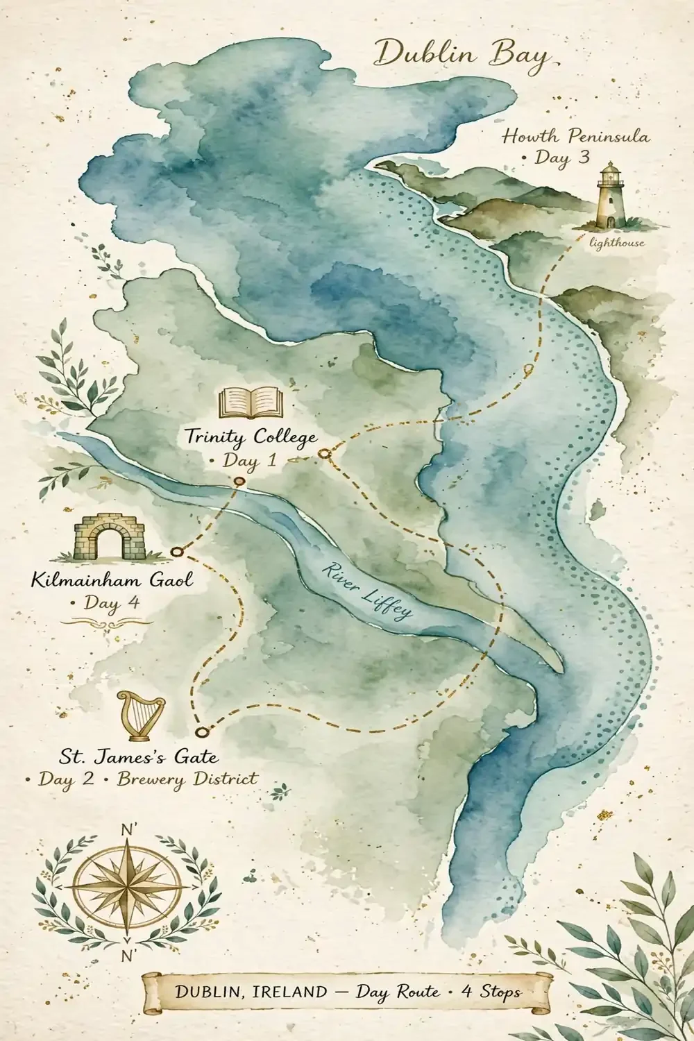 Illustrated route map of four days in Dublin: Day 1 Trinity College, Day 2 Guinness Storehouse at St James's Gate and the Liberties, Day 3 Howth, Day 4 Kilmainham