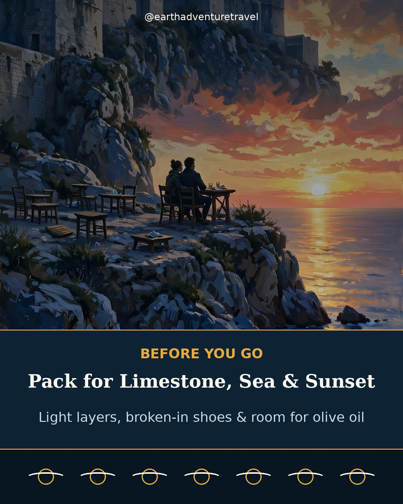 Illustrated packing guide: sunset over Dubrovnik's walls from the Buža cliffs