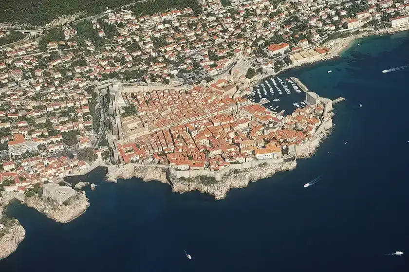 Aerial view of Dubrovnik's walled Old Town and its terracotta rooftops