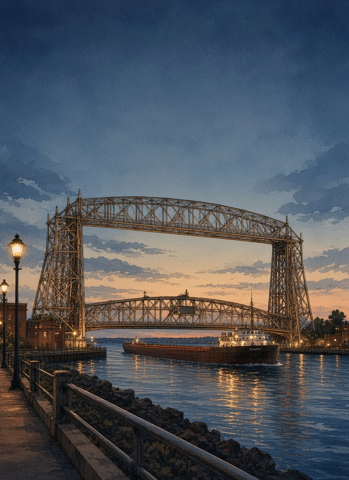 Illustration: the Aerial Lift Bridge at dusk with a lake freighter in the Duluth ship canal