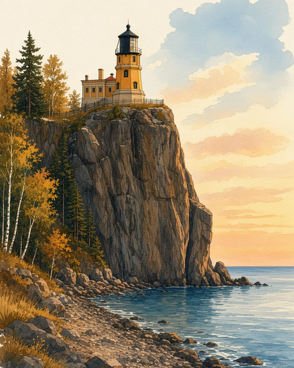 Illustrated day card: Falls and a lighthouse