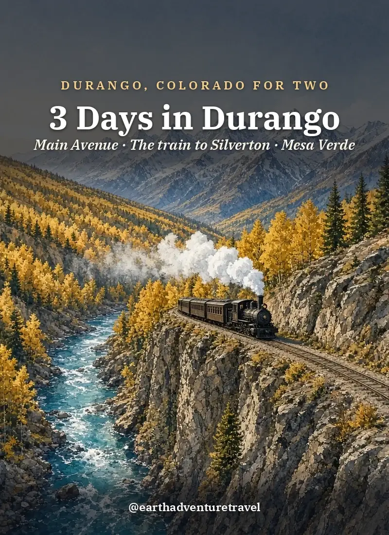Original Illustration: a couple watching a steam train wind along a mountain canyon near Durango