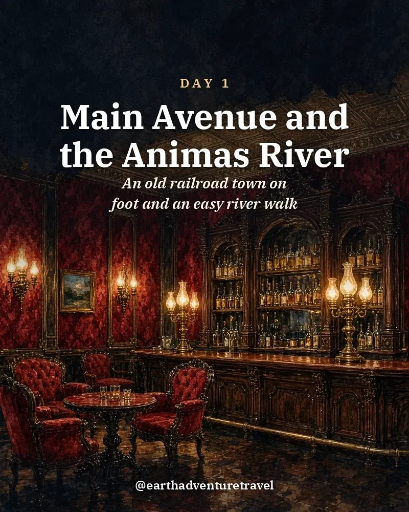 Illustrated day card: An old railroad town on foot and an easy river walk