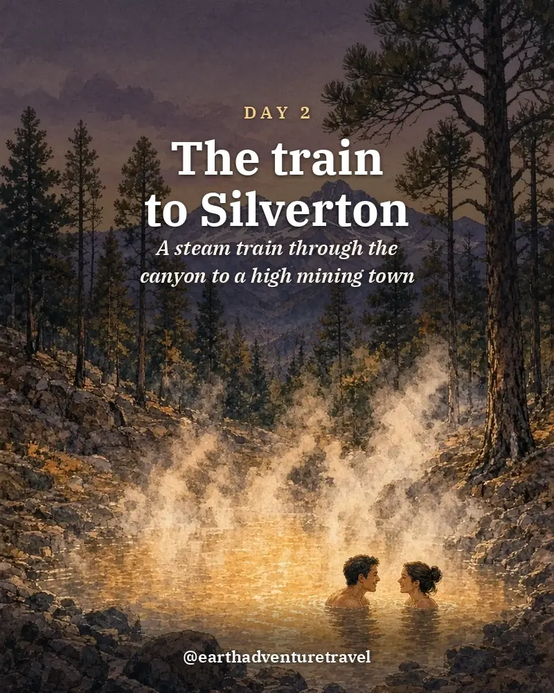Illustrated day card: A steam train through the canyon to a high mining town