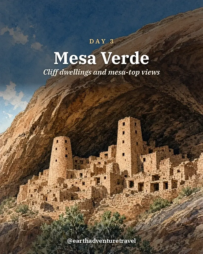 Illustrated day card: Cliff dwellings and mesa-top views