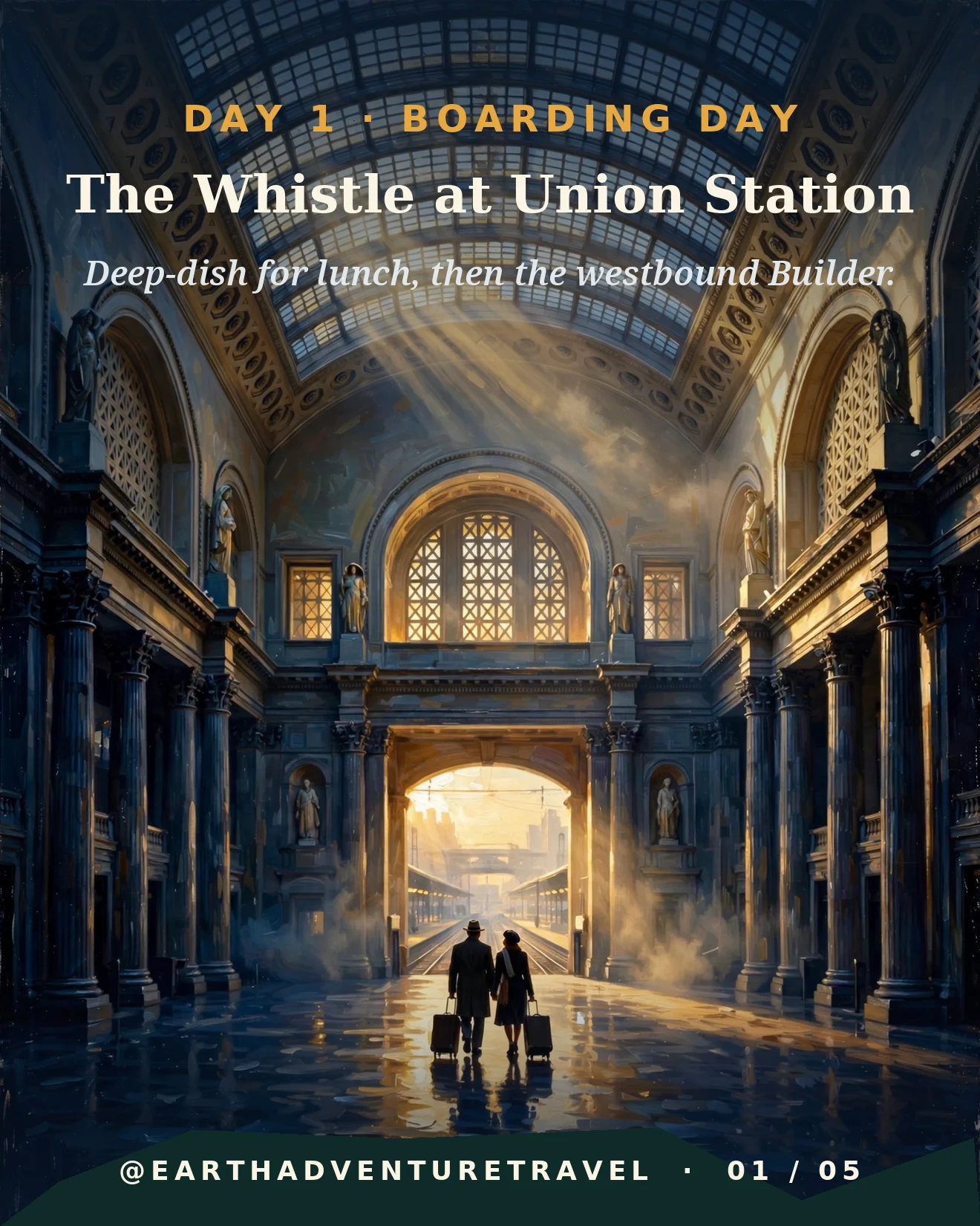 Day one itinerary card: the whistle at Chicago Union Station