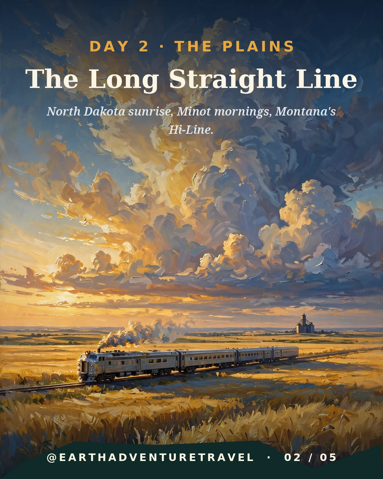 Day two itinerary card: the long straight line across the northern plains