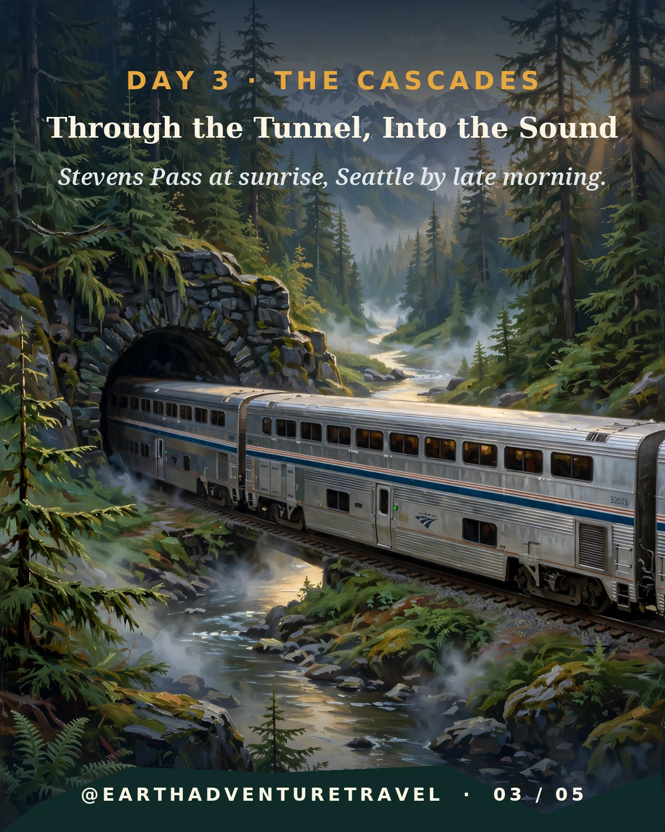 Day three itinerary card: through the Cascade tunnel at sunrise