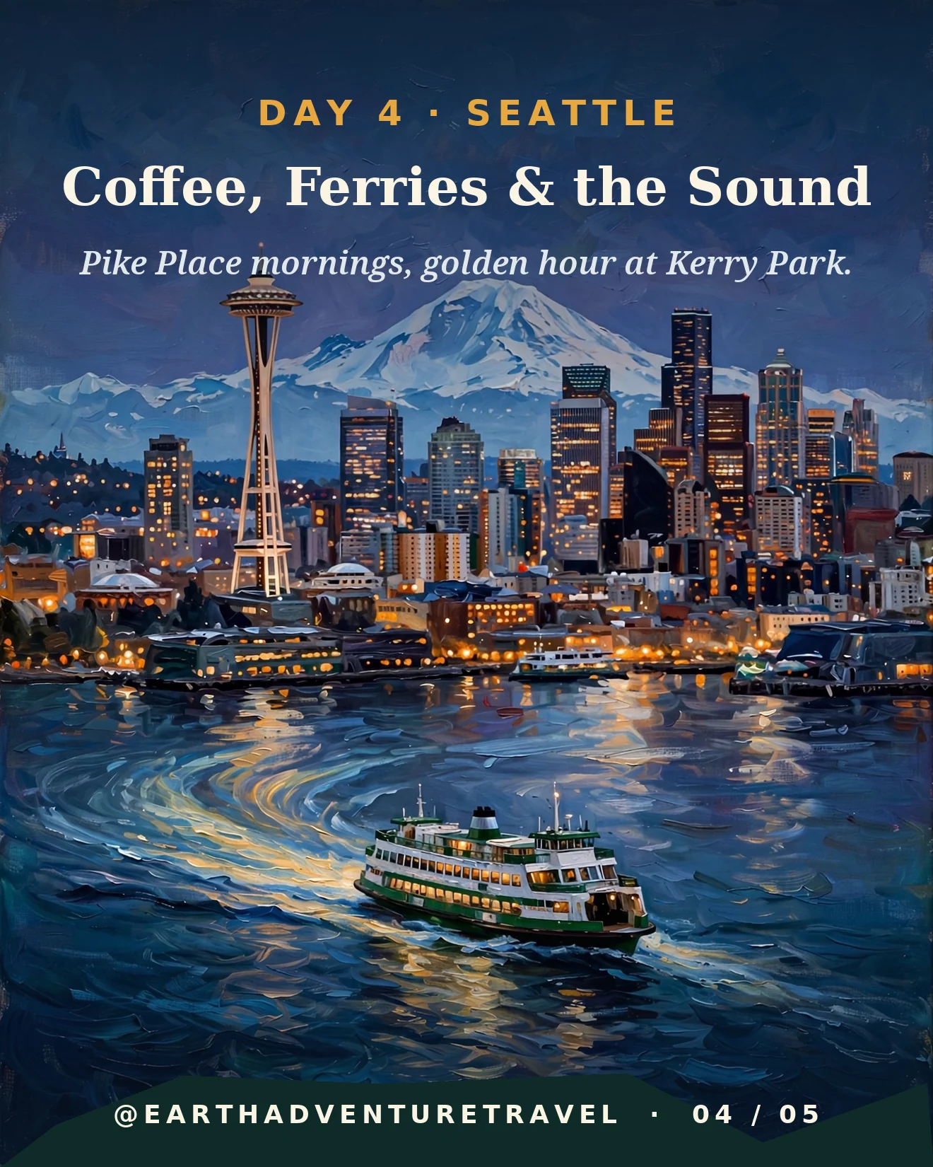 Day four itinerary card: coffee, ferries and the Sound in Seattle