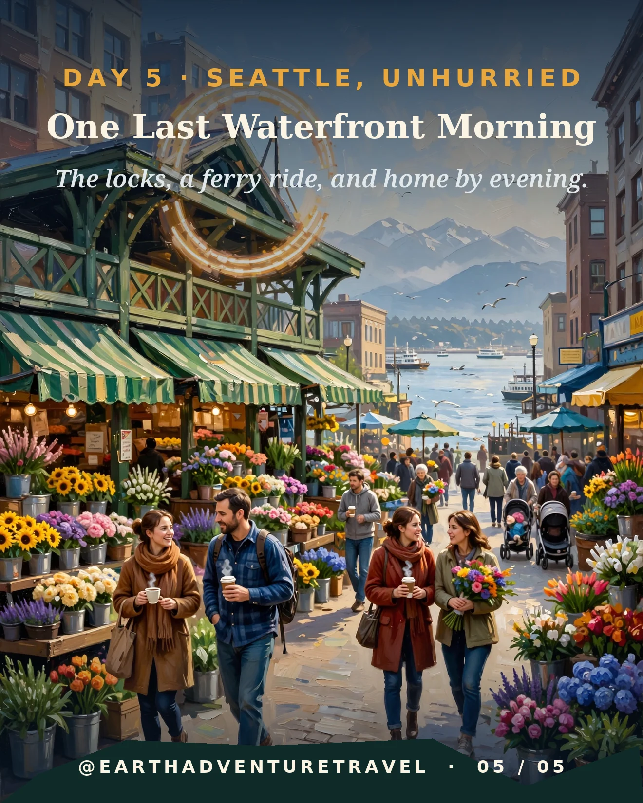 Day five itinerary card: one last waterfront morning in Seattle