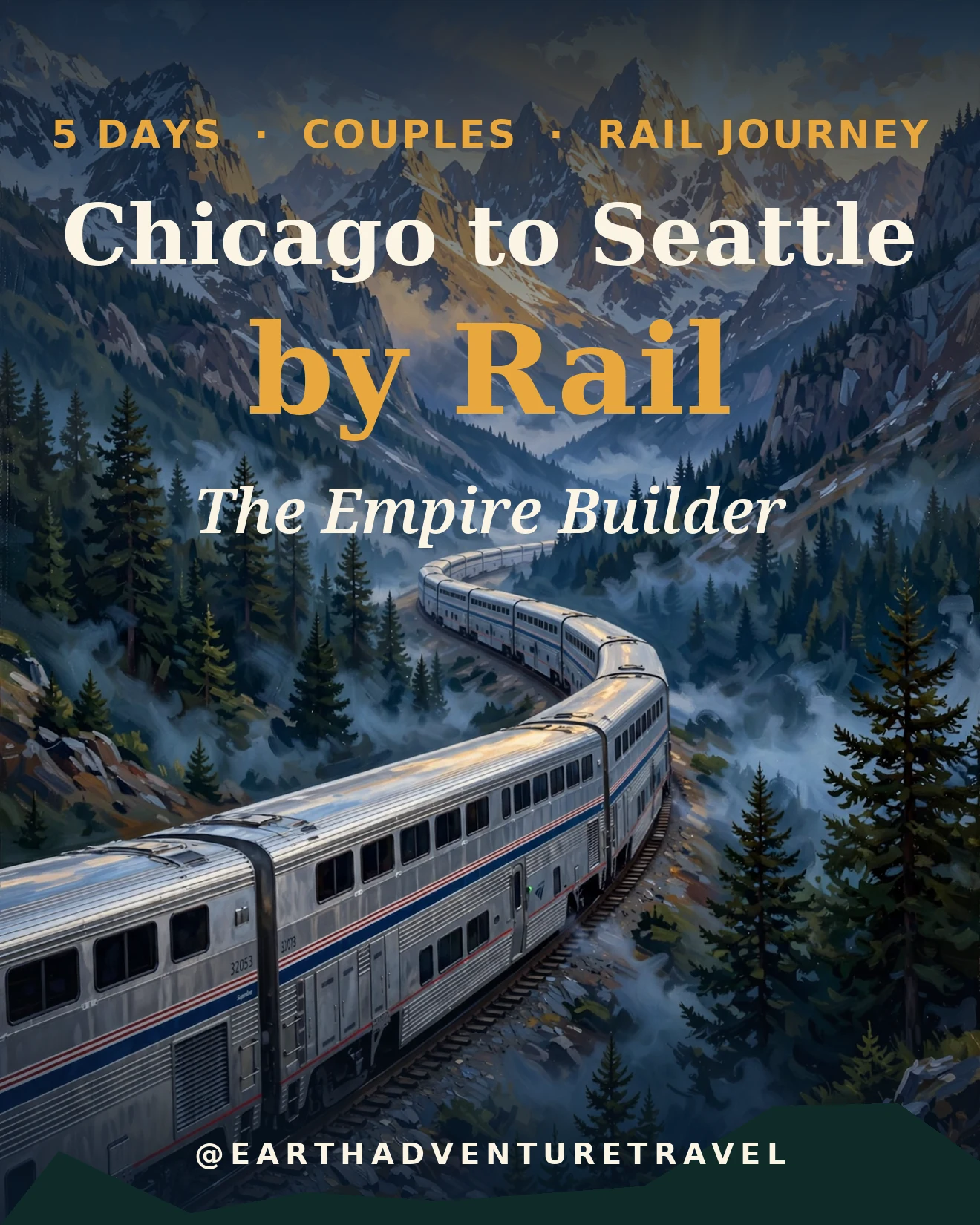 Painterly Empire Builder cover: a silver Amtrak train winding through Rocky Mountain peaks at dawn