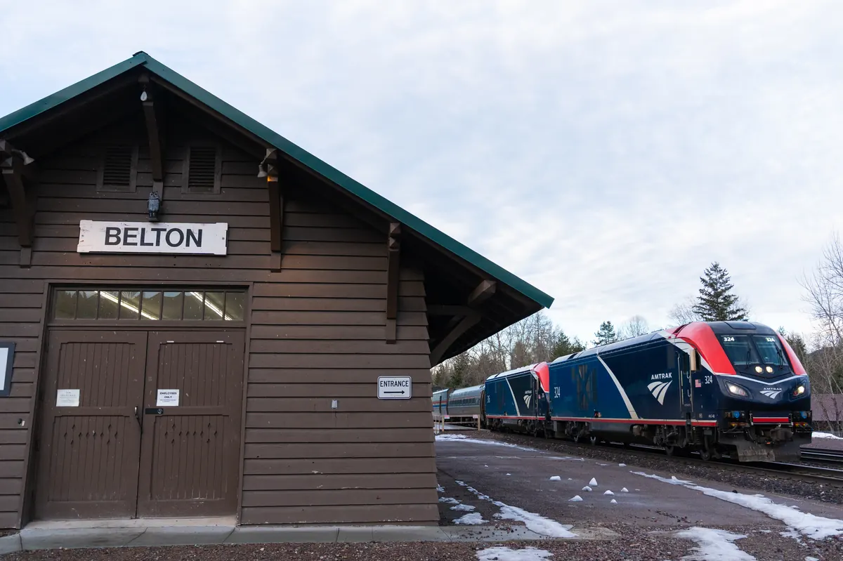 The historic Belton depot at West Glacier station in winter