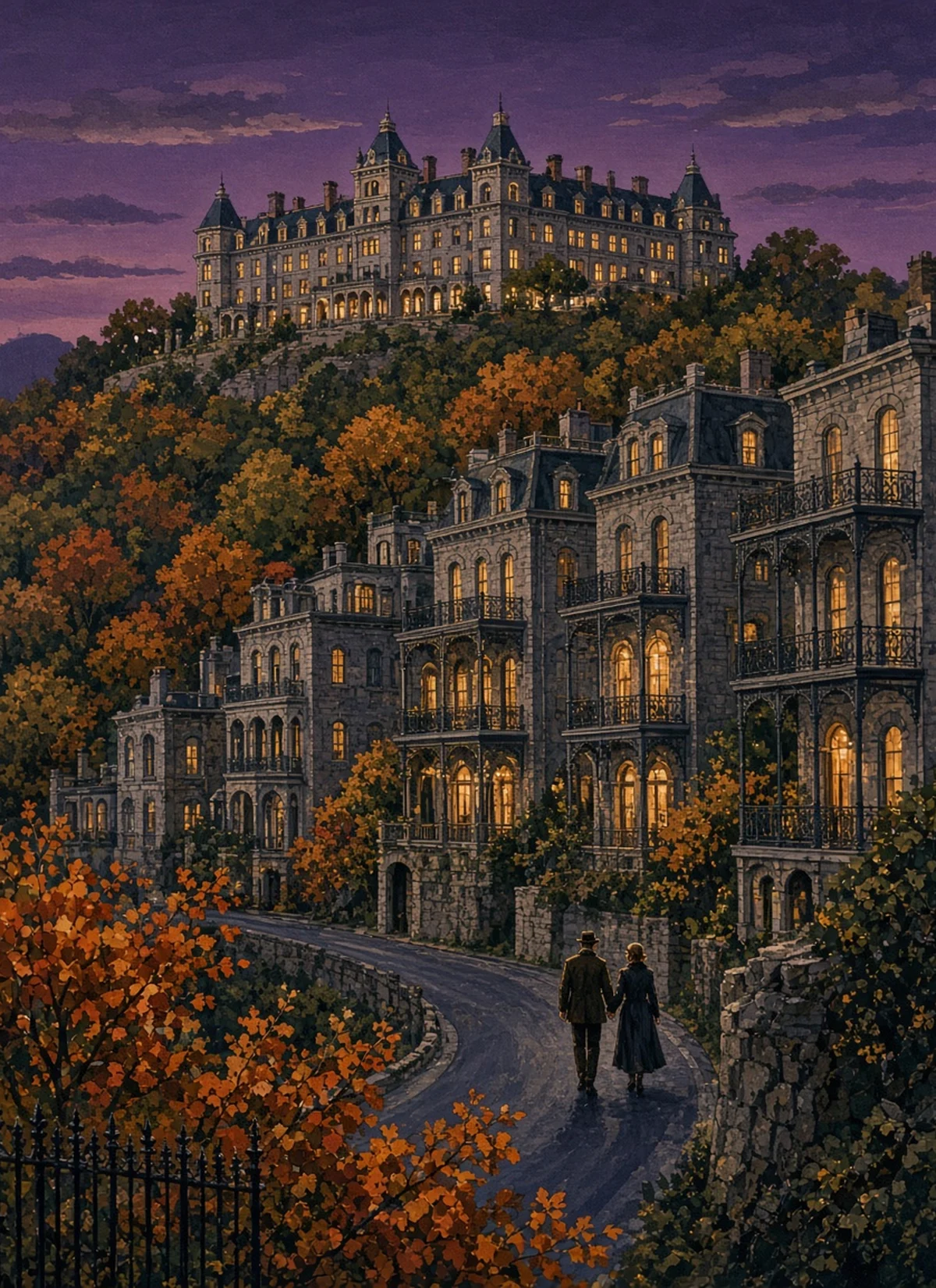 Original Illustration: Victorian buildings on the Eureka Springs hillside with the Crescent Hotel on the ridge