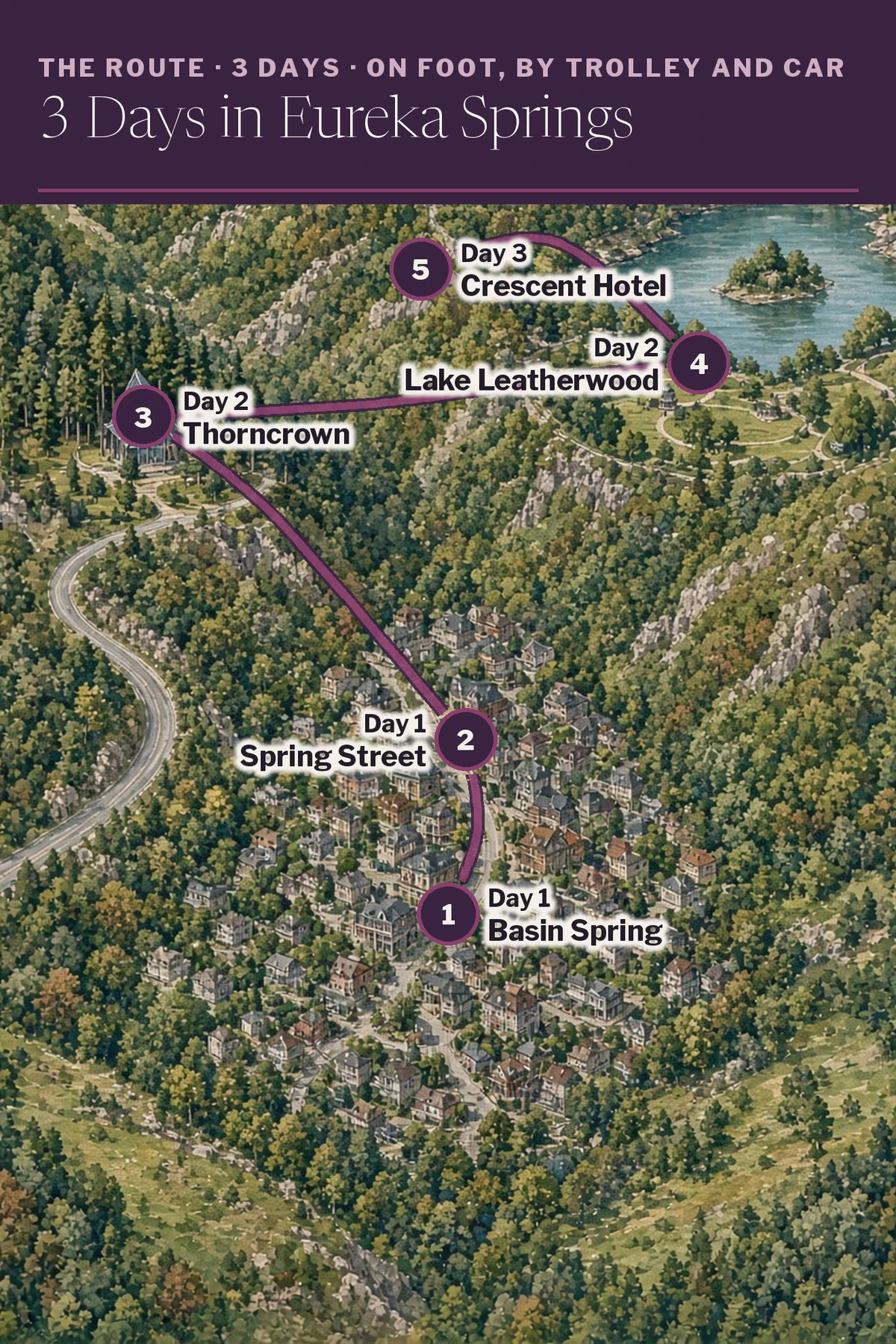 Illustrated route map: Basin Spring Park, Spring Street, Thorncrown Chapel, Lake Leatherwood, Crescent Hotel
