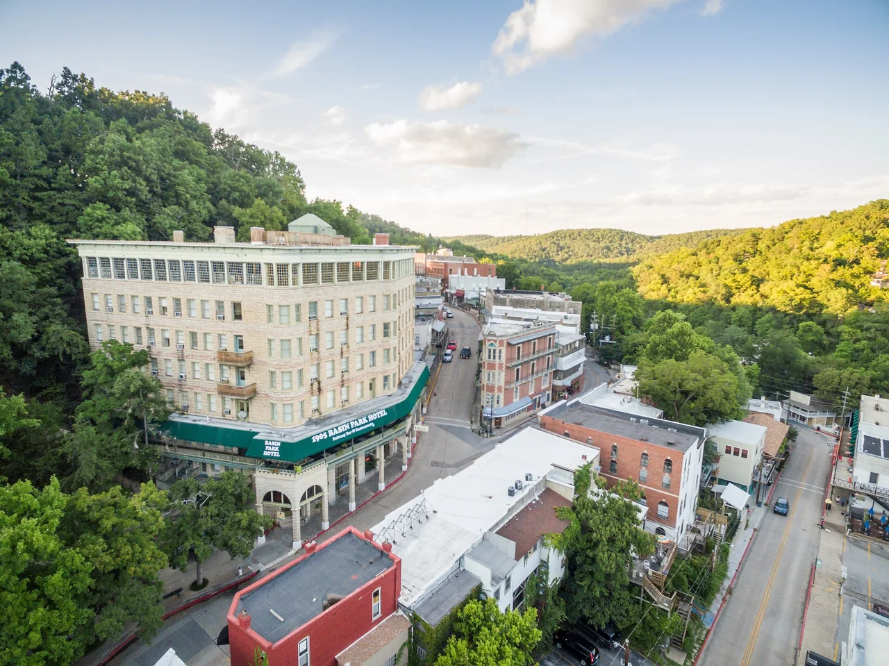 Aerial photo of downtown Eureka Springs in the Ozark hills