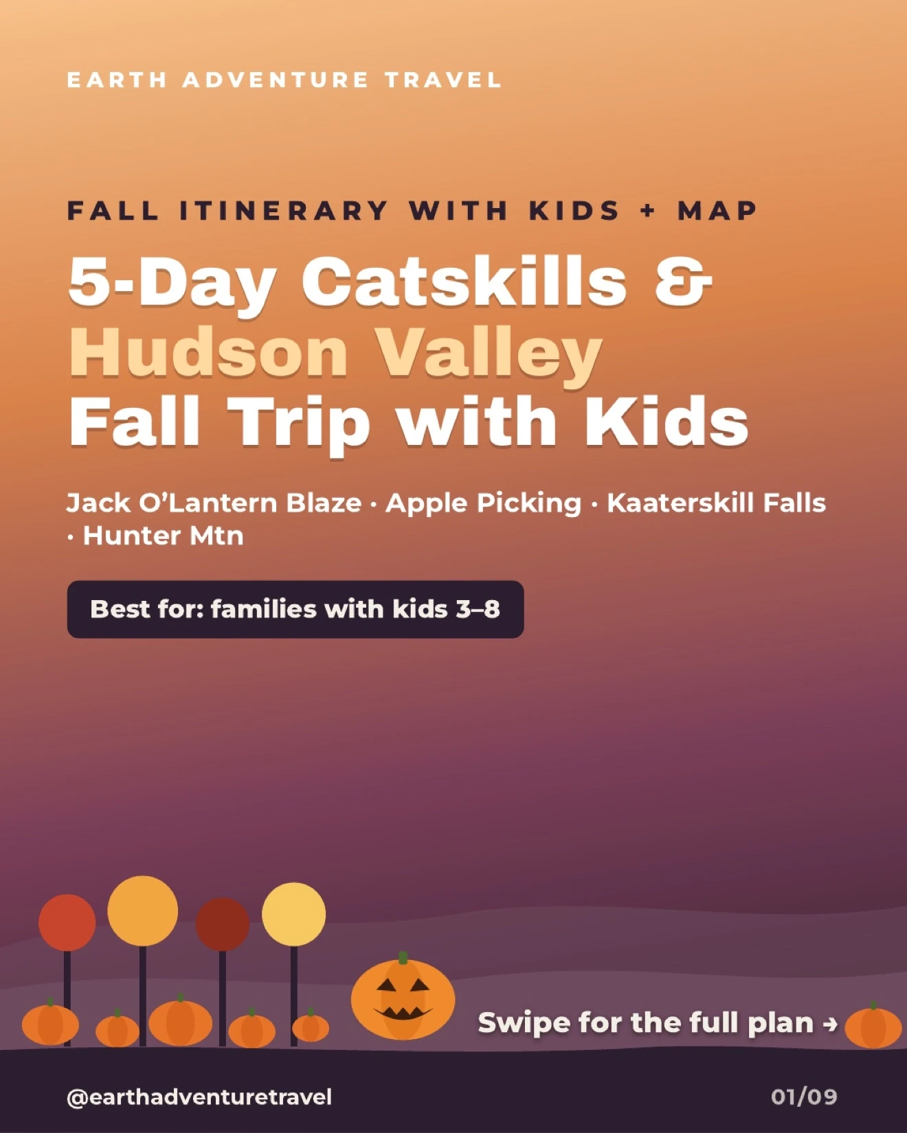 Illustrated five-day Catskills and Hudson Valley fall trip with pumpkins for families with kids