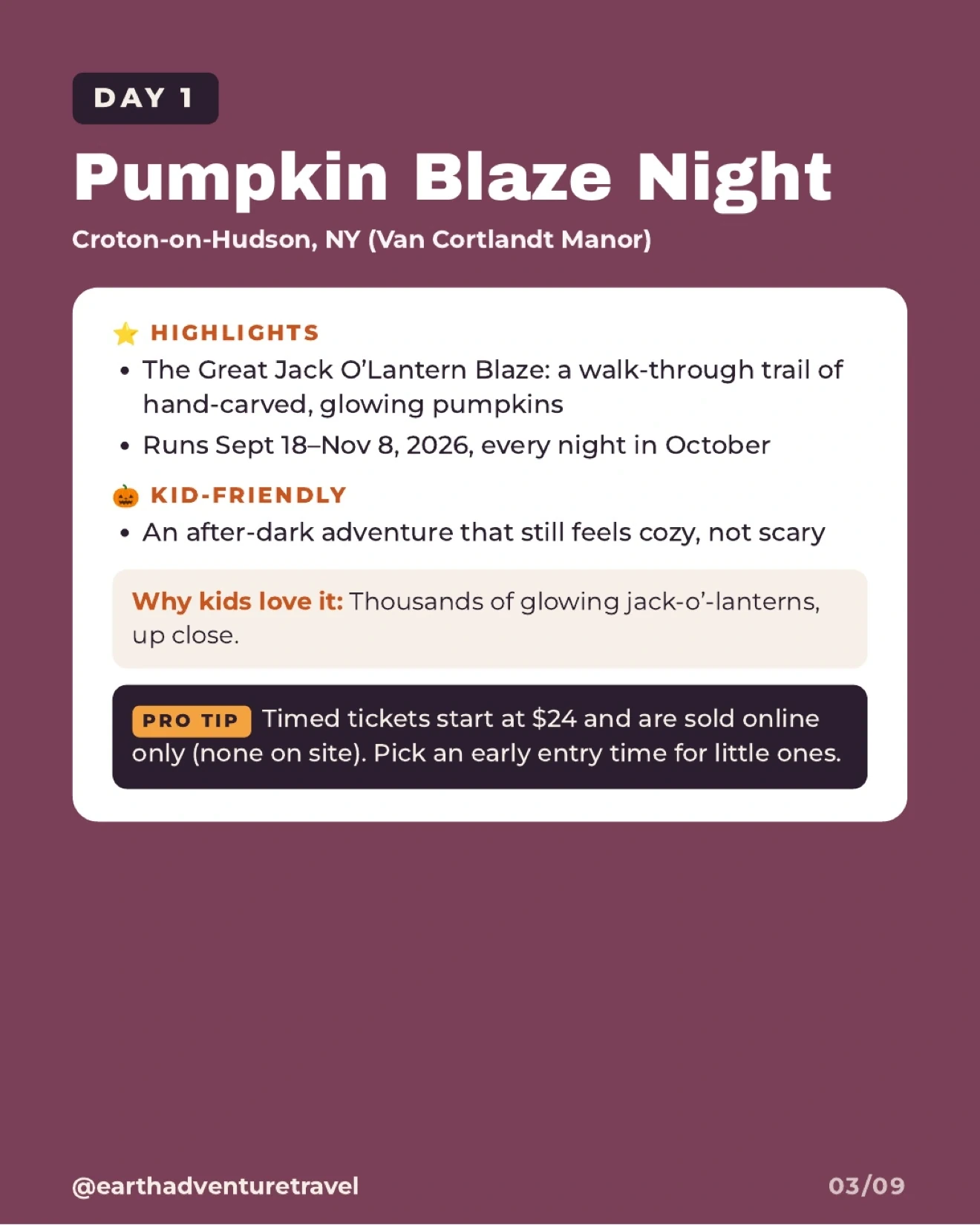 Day one itinerary artwork for the Great Jack O’Lantern Blaze in Croton-on-Hudson