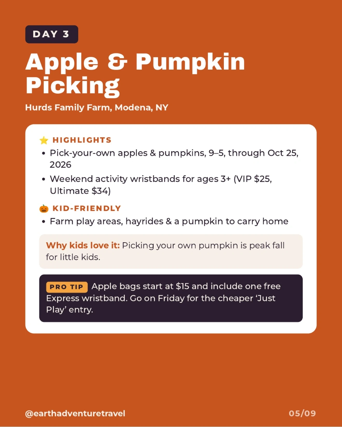 Day three itinerary artwork for apple and pumpkin picking at Hurds Family Farm