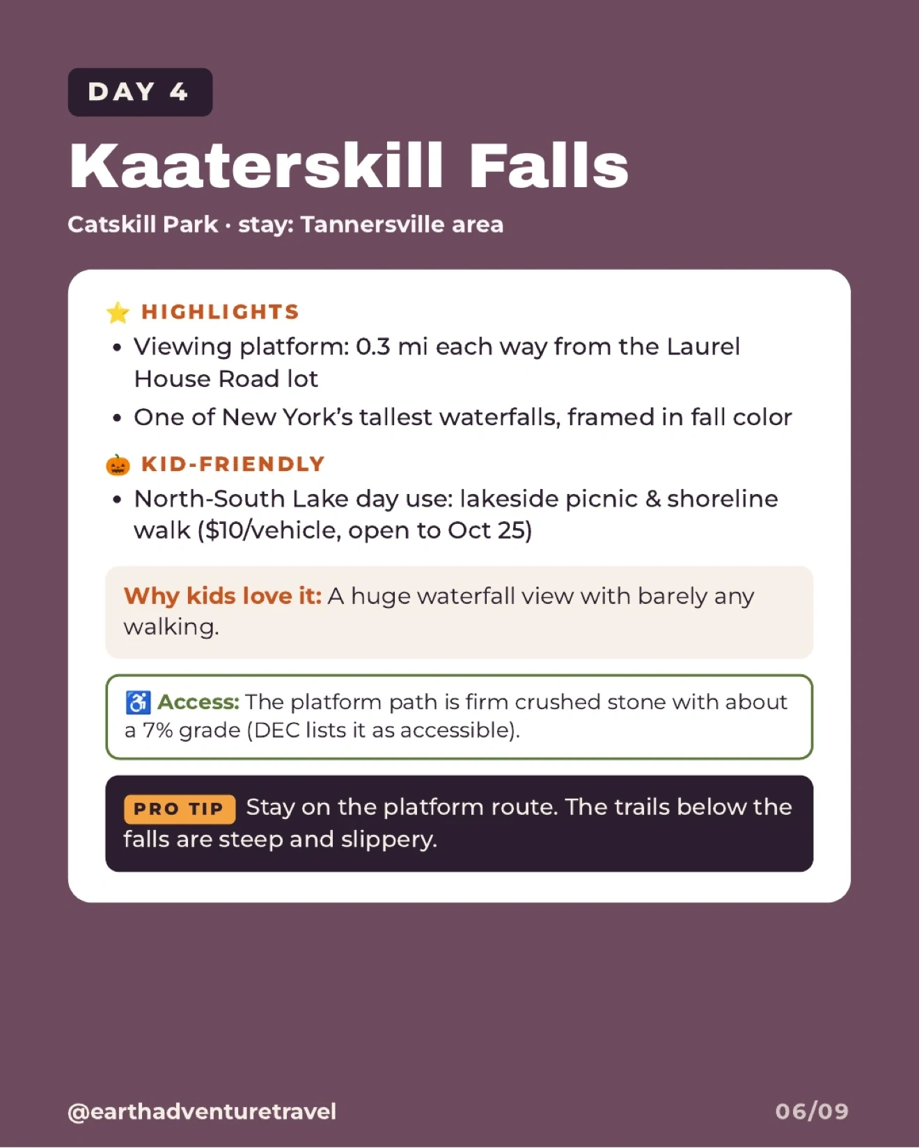 Day four itinerary artwork for Kaaterskill Falls and North-South Lake