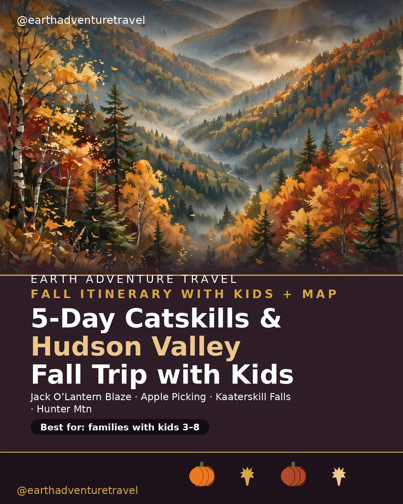 Illustrated cover for a five-day Catskills and Hudson Valley fall trip with kids