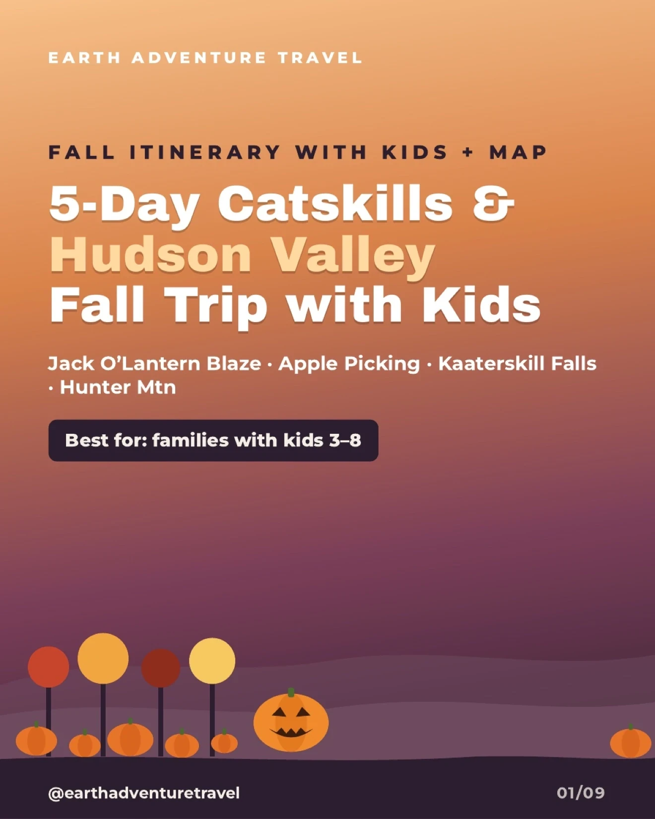 Illustrated Catskills and Hudson Valley fall trip with pumpkins for families with kids