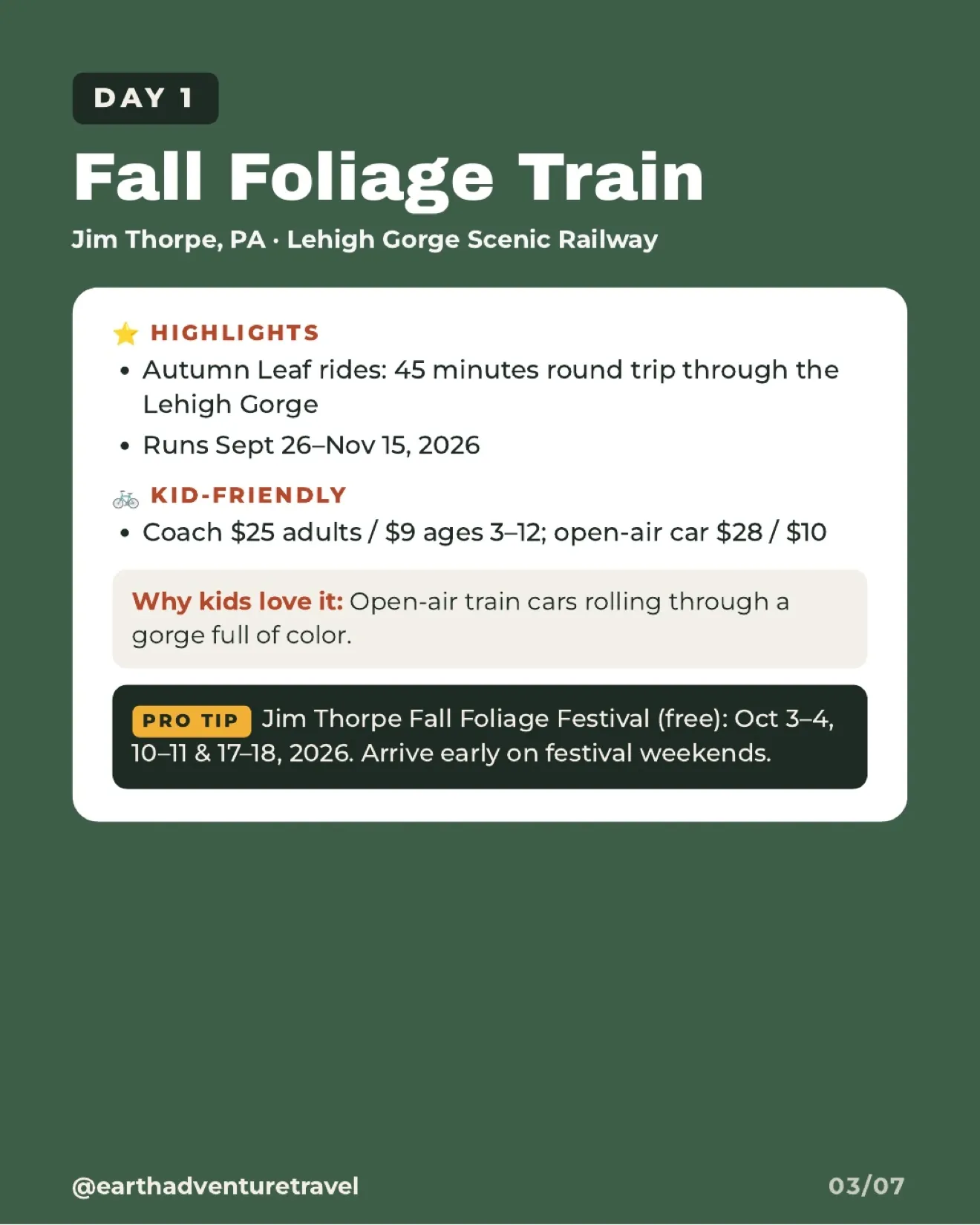 Illustrated Day 1 card for the Lehigh Gorge Scenic Railway Fall Foliage Train