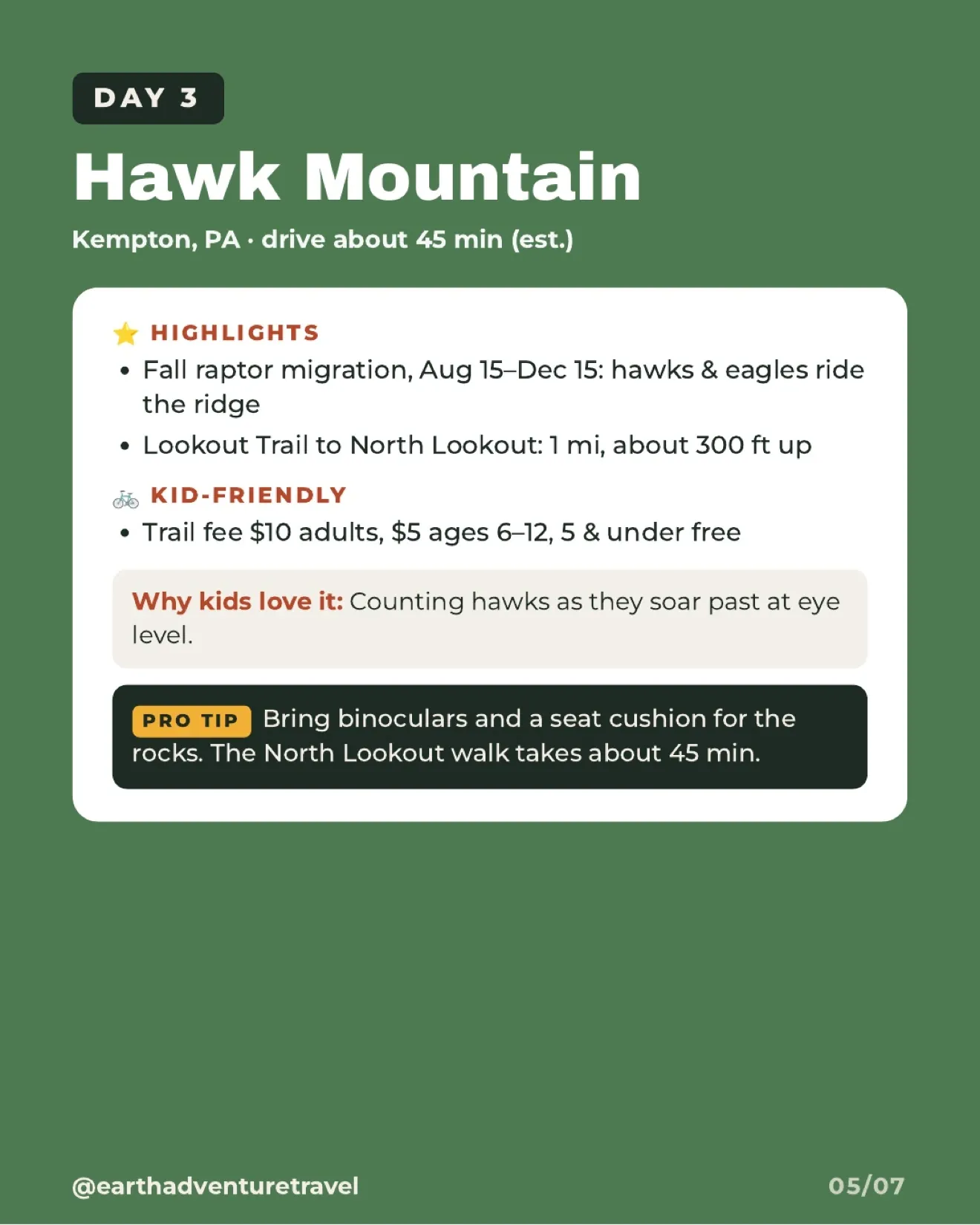 Illustrated Day 3 card for Hawk Mountain Sanctuary and its fall raptor migration