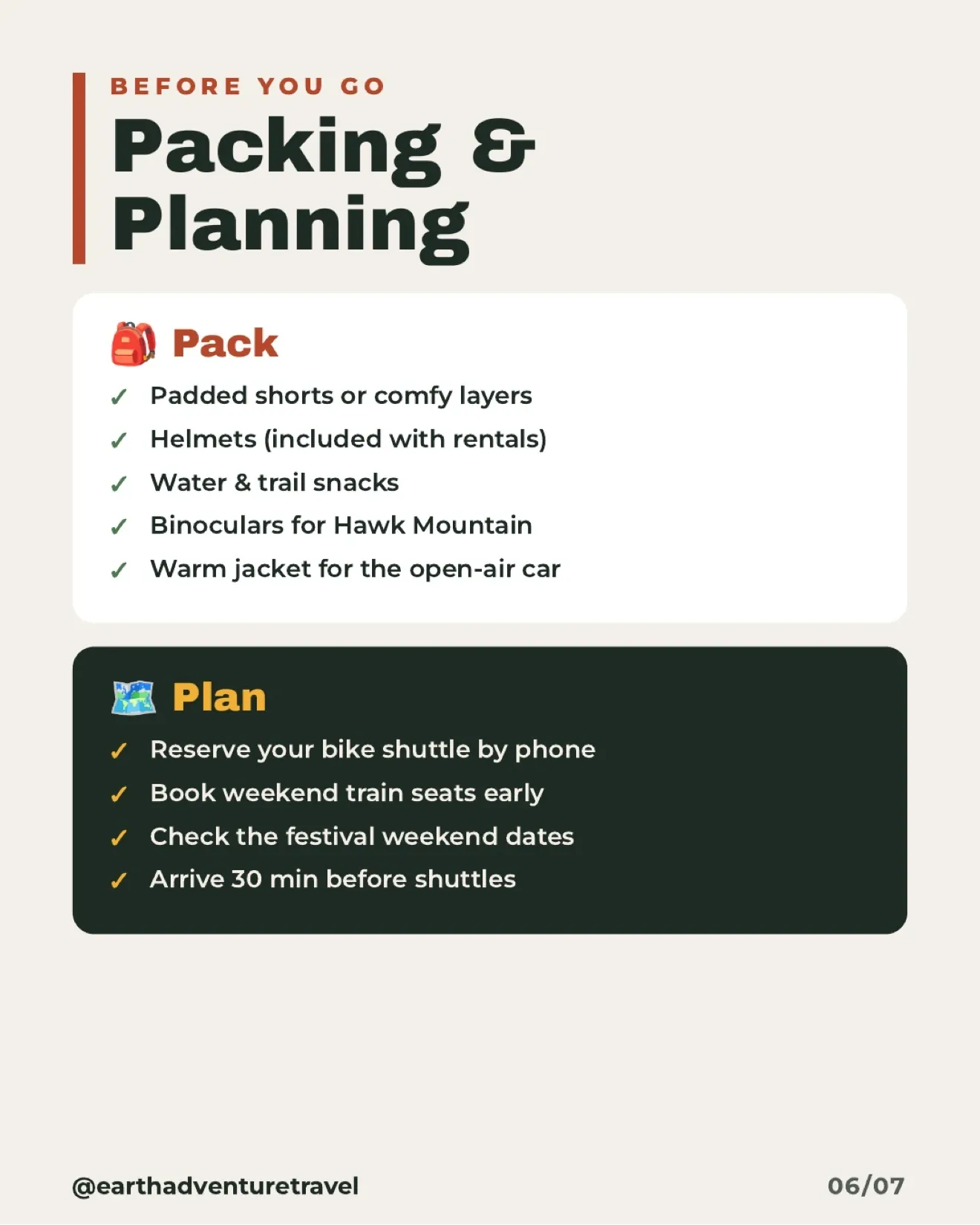 Illustrated packing and planning list for the Jim Thorpe weekend