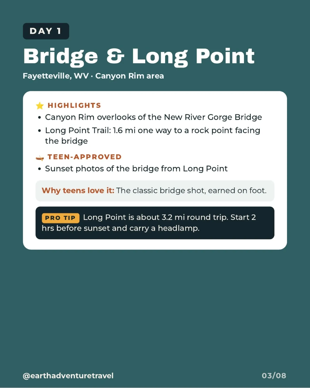 Illustrated day-one plan for the New River Gorge Bridge and Long Point Trail