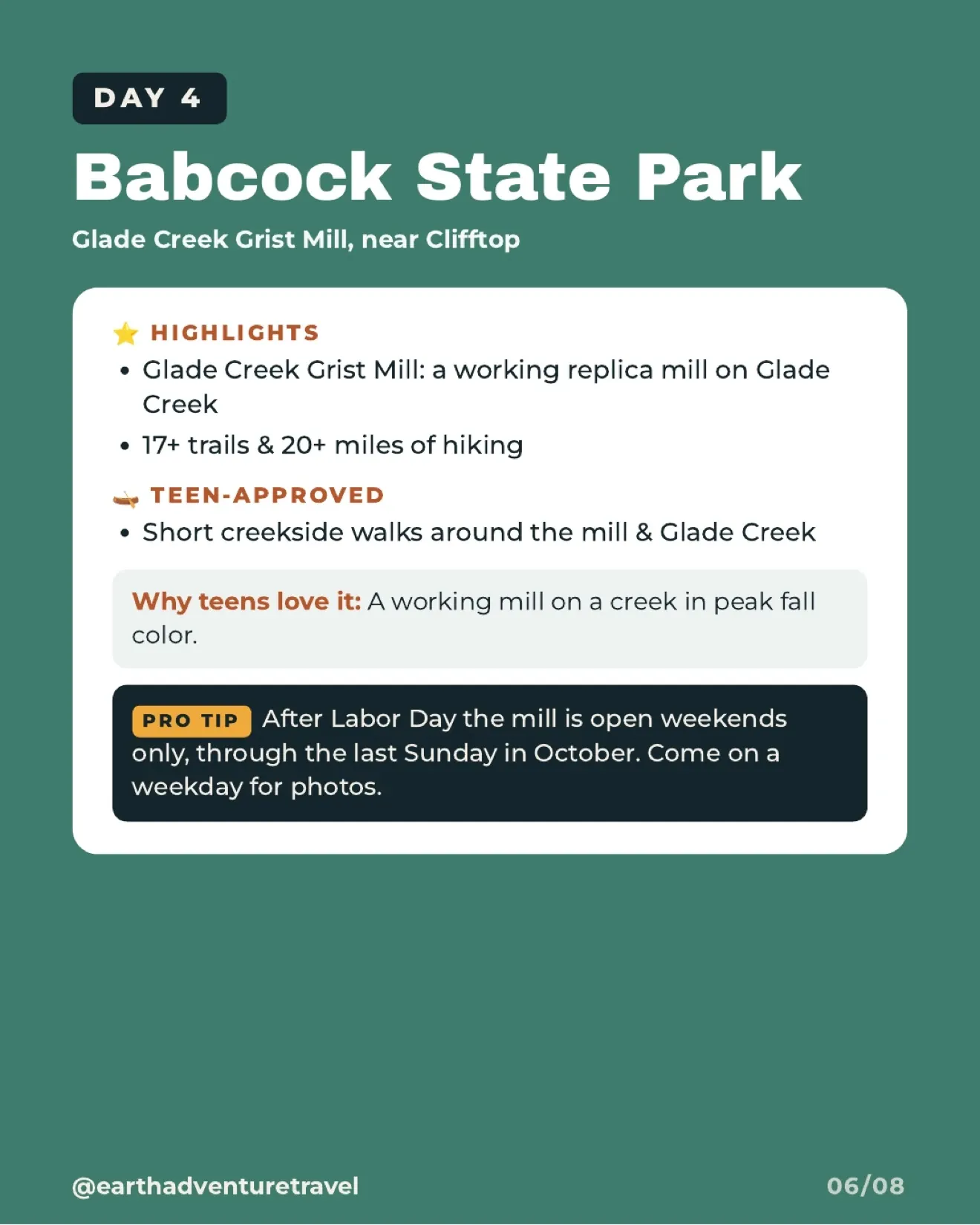 Illustrated day-four plan for Babcock State Park and Glade Creek Grist Mill