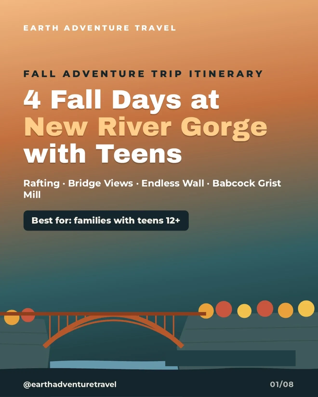 Illustrated New River Gorge fall adventure with a bridge over the gorge