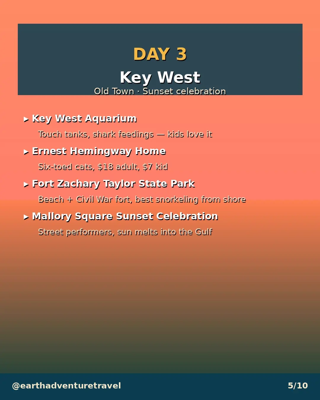 Day 3 graphic: Key West Old Town and sunset