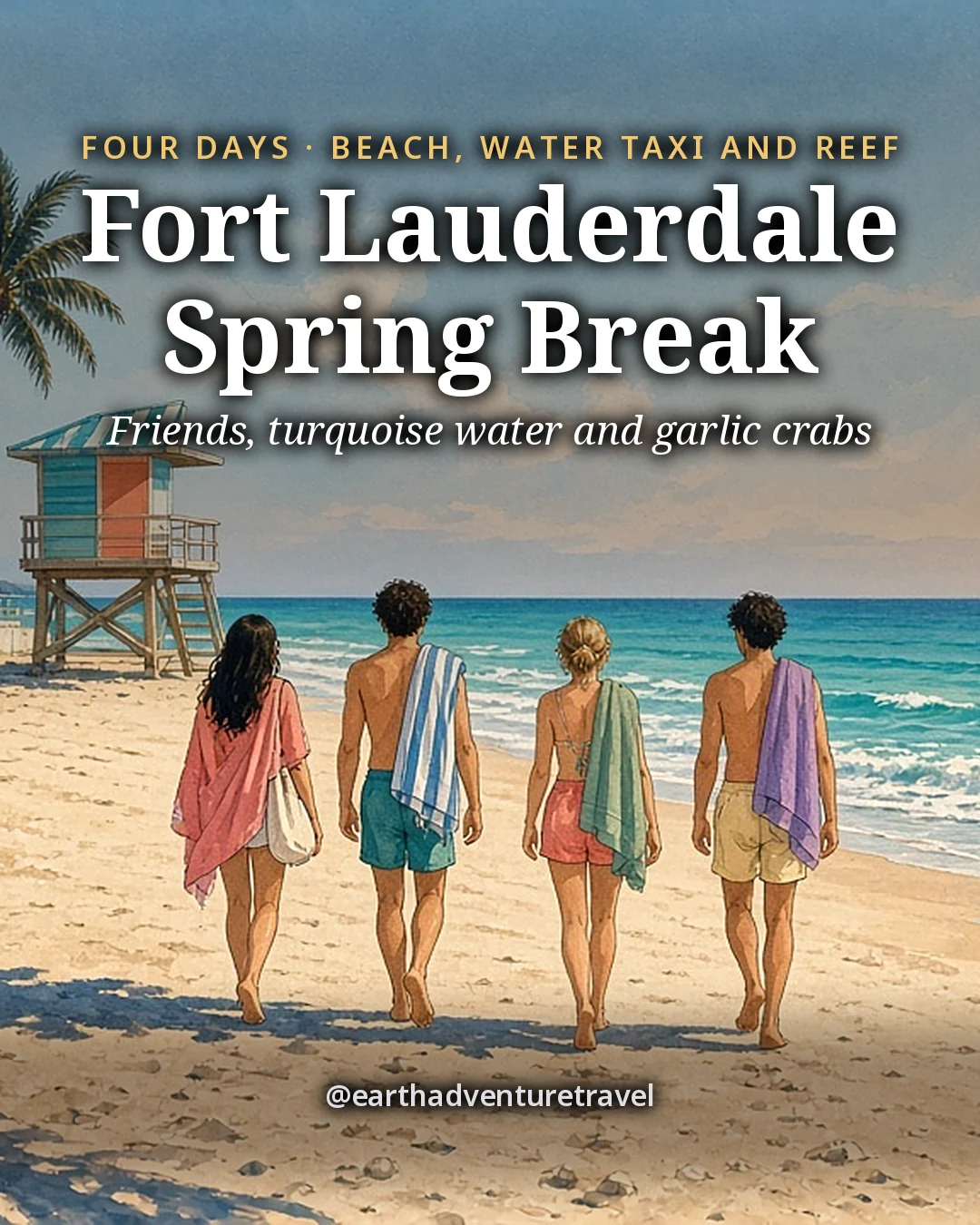 Illustration: the cover for 4 Days in Fort Lauderdale for Spring Break with Friends, four friends seen from behind walking barefoot toward clear turquoise surf with towels over their shoulders, the low white wave-pattern beach wall, tall coconut palms and a lifeguard tower behind in late-morning sun