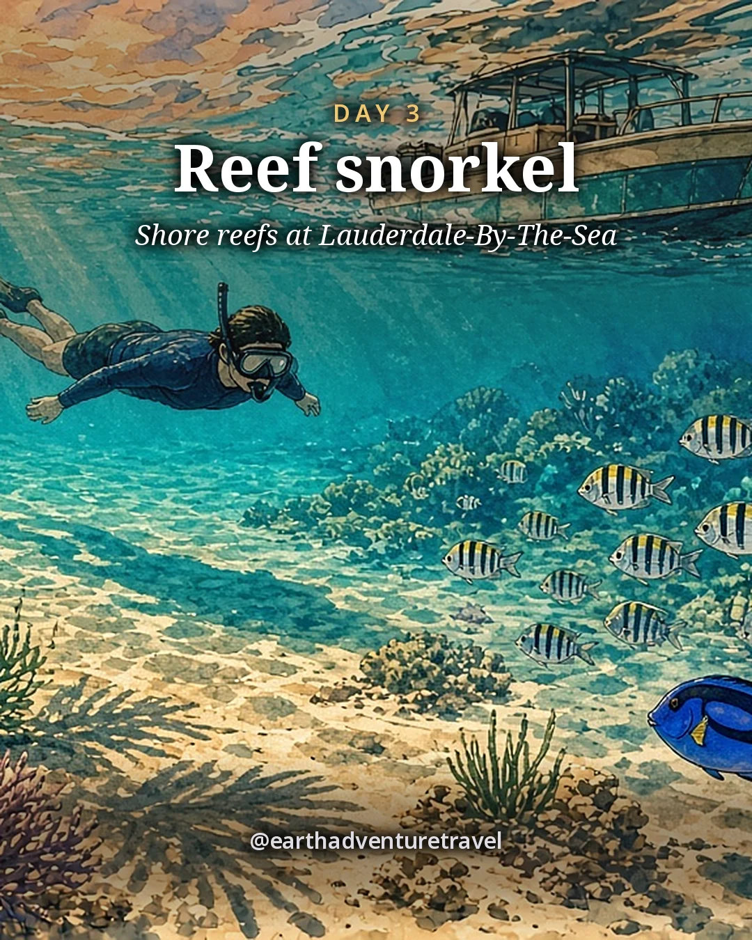 Illustration: one snorkeler seen from above floating face-down over a shallow coral reef in clear turquoise water off a Fort Lauderdale-area beach, brain coral, sea fans, striped sergeant majors and a blue tang, sunbeams through the surface and a glass-bottom boat far off, illustrated day card for Day 3