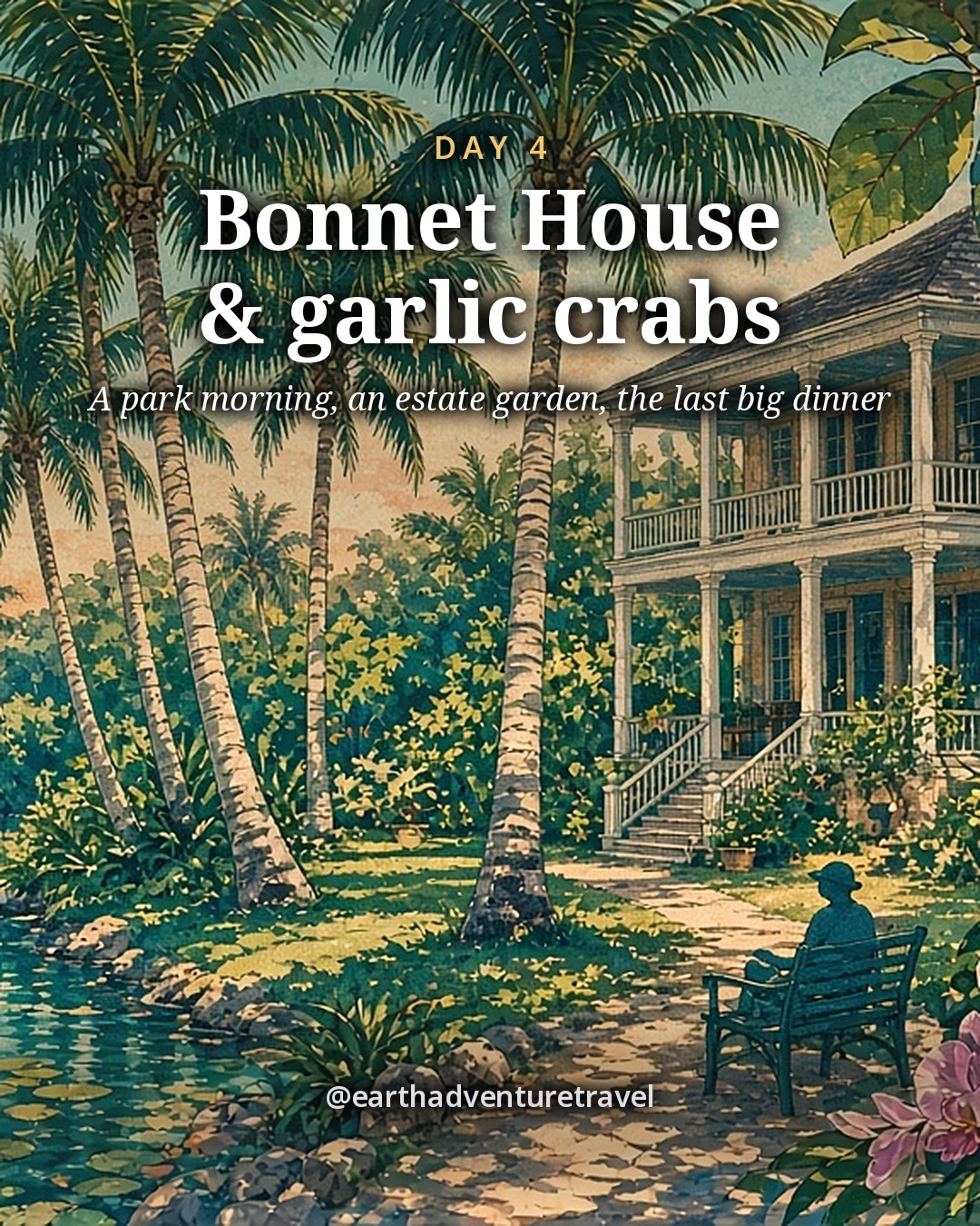 Illustration: a quiet tropical estate garden in Fort Lauderdale, a two-storey 1920s house with a wide shaded veranda, tall royal palms, a calm freshwater slough with lily pads, a small faceless figure on a garden bench in dappled morning light through banyan leaves, illustrated day card for Day 4