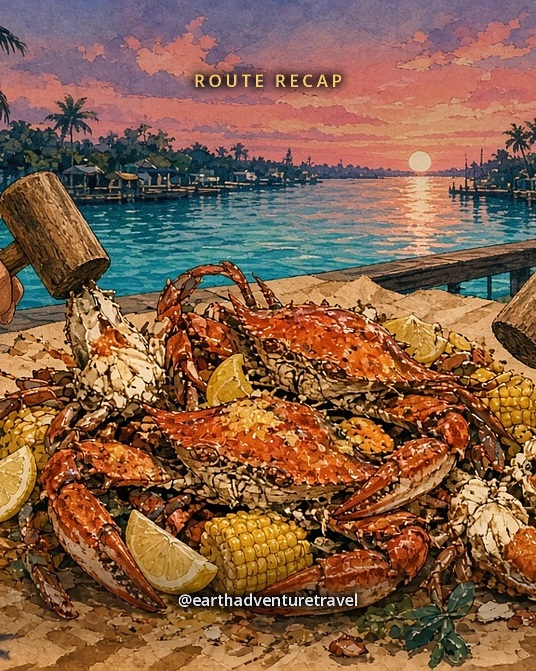 Illustration: hands of friends cracking garlic blue crabs with wooden mallets on a paper-covered table at an old waterfront crab house beside a canal at dusk, a heap of red-orange crabs with garlic butter, corn, lemon wedges and iced tea, palms against a coral sunset behind, original illustrated recap card
