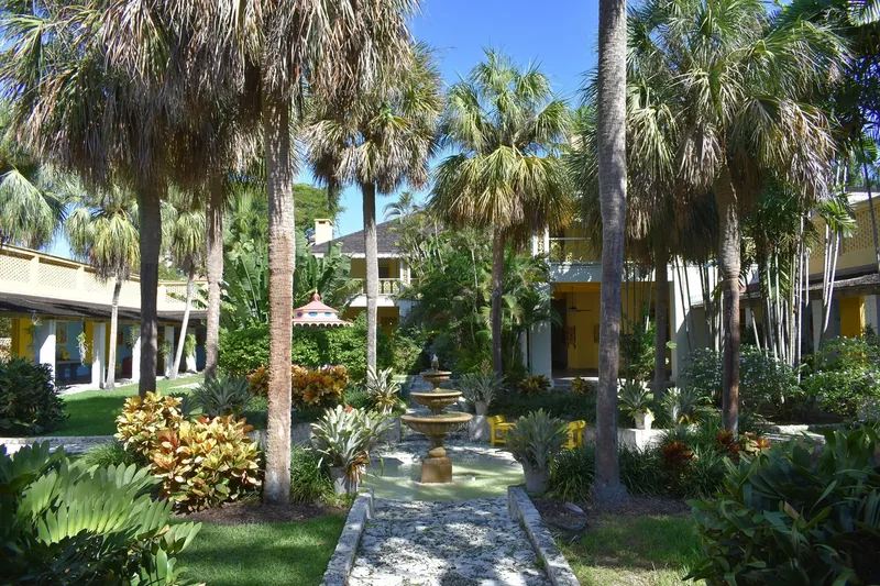 A shaded garden path under palms at Bonnet House in Fort Lauderdale
